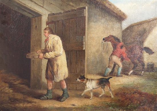 George Morland (1763-1804) Figures beside a stable 14 x 20in.